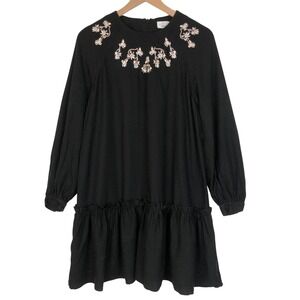 Paris Atelier & Other Stories Embroidered Dress‎ Sz 6 Black Long Sleeve Ruffle
